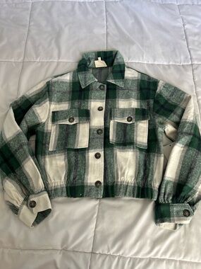 Green Plaid Cotton Blend Cropped Jacket size S NWT
